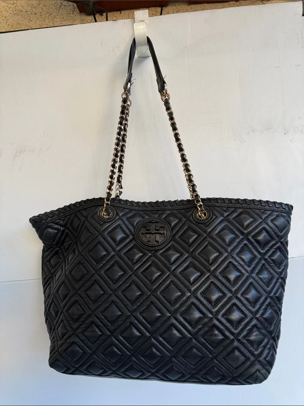 Tory Burch Black Quilted Leather Marion Tote Gold Hardware Bag Purse Luxury